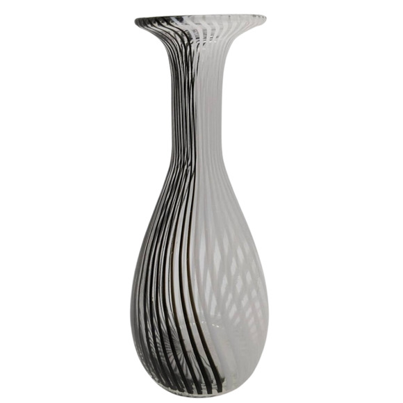 Hand Blown Filigrana Canned Glass Vase Black White Stripe Dino Martens-Like 11.5 - Picture 1 of 13